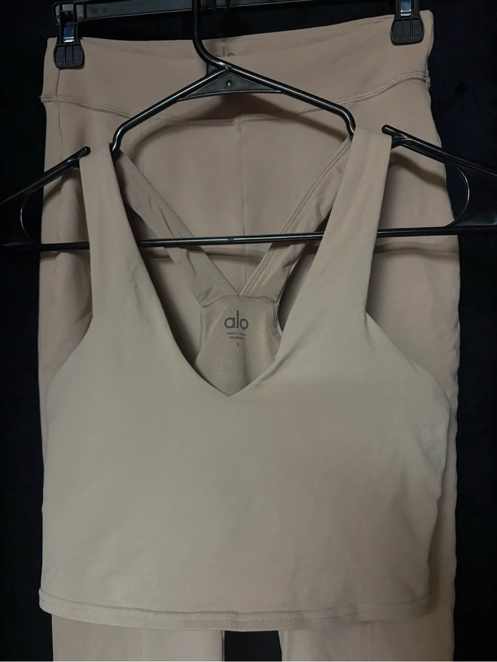 ALO Yoga Beige Flare Leggings and Matching Crop Tank Set
